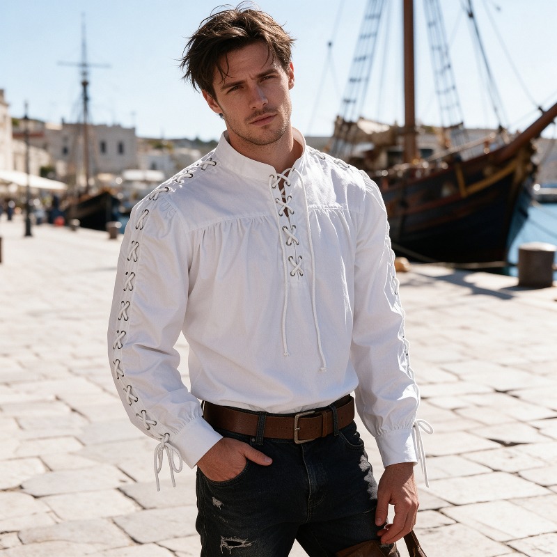 Medieval Gothic Lace Up Pirate Shirt - Męska koszula w stylu średniowiecznym, pirackim,