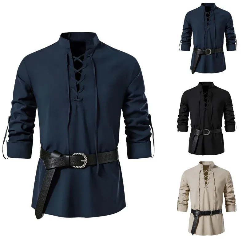 Medieval Gothic Lace Up Pirate Shirt - Męska koszula w stylu średniowiecznym, wikingów,