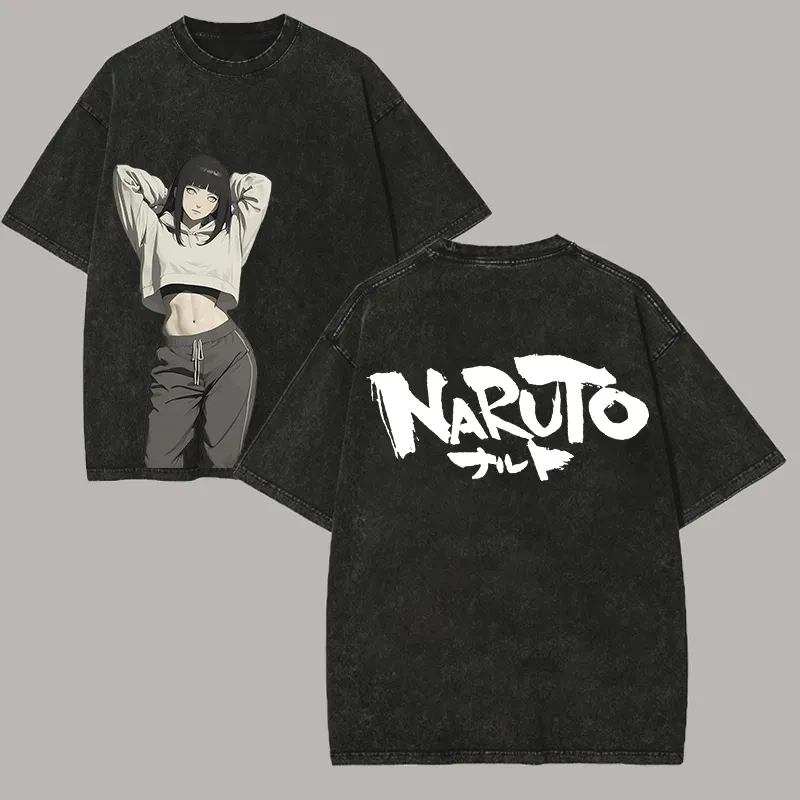 Acid Wash Vintage Graphic T Shirt - Koszulka Hinata Hyuga Naruto męska, z