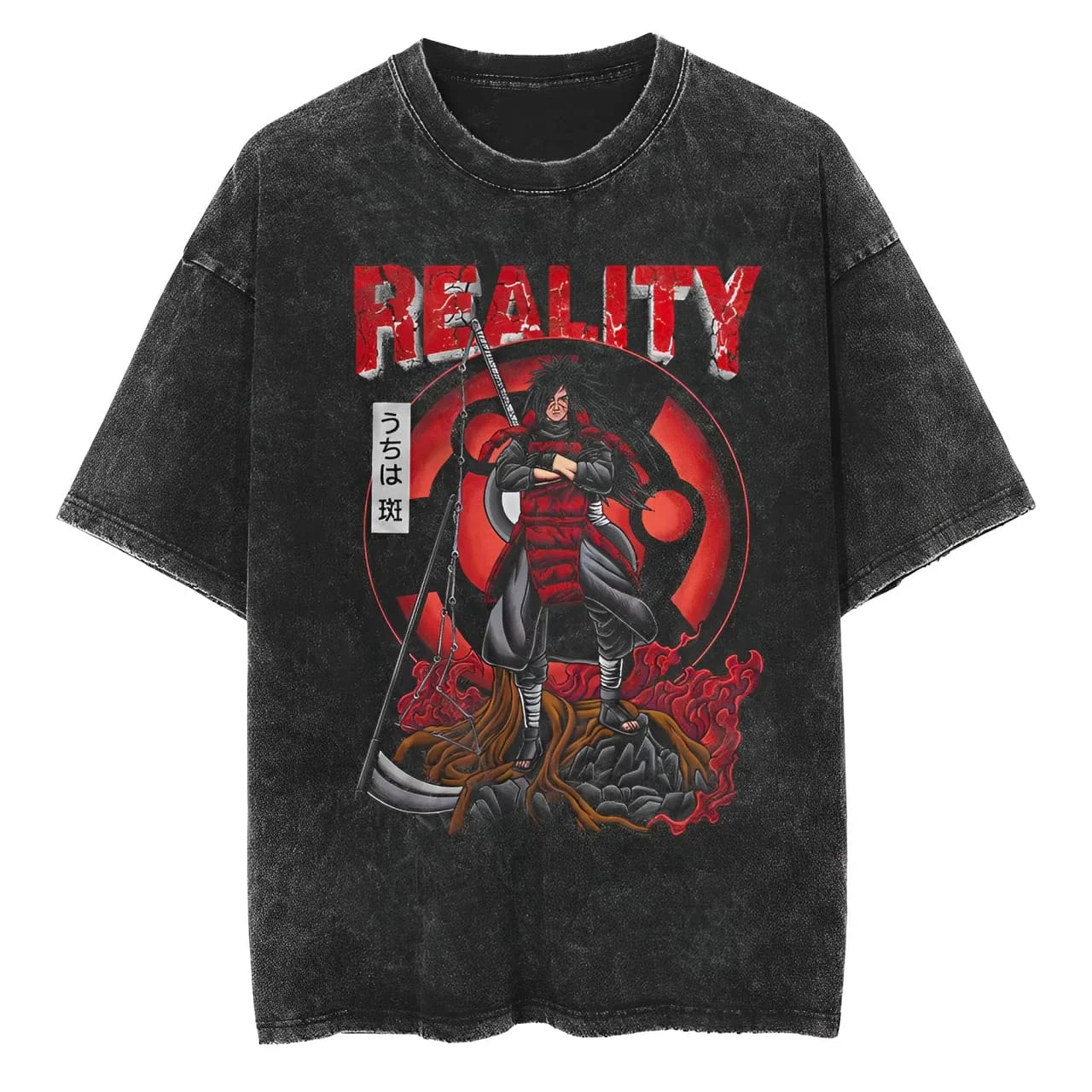Acid Wash Vintage Graphic T Shirt - Koszulka męska Naruto Madara Uchiha, efekt